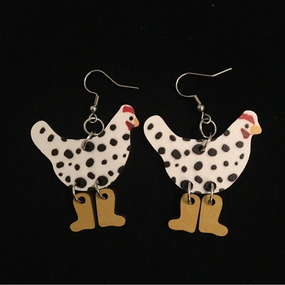 Retro Cute Hen in Boots Wooden Dangle Earrings